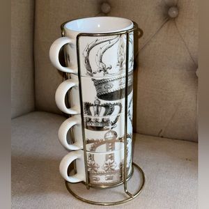 Pier 1 Imports Stackable Mug Set of 4 with Rack Gold Royal Crown Coffee Tea Cups